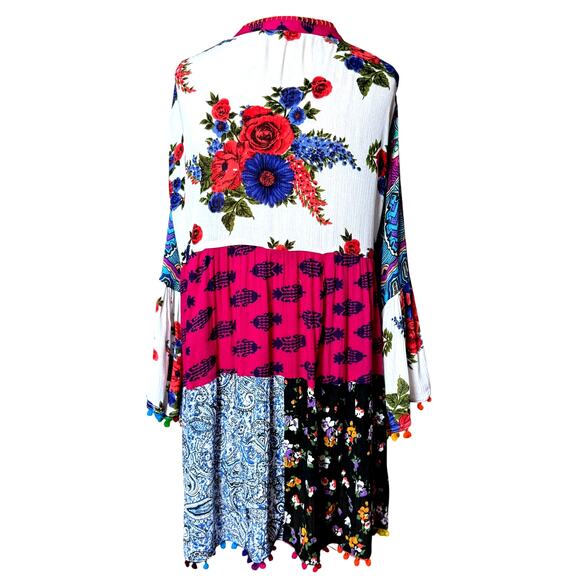 Anandas Patchwork Print Tassel Detail Smock Mini Dress Size Large Bell Sleeves - Picture 9 of 13